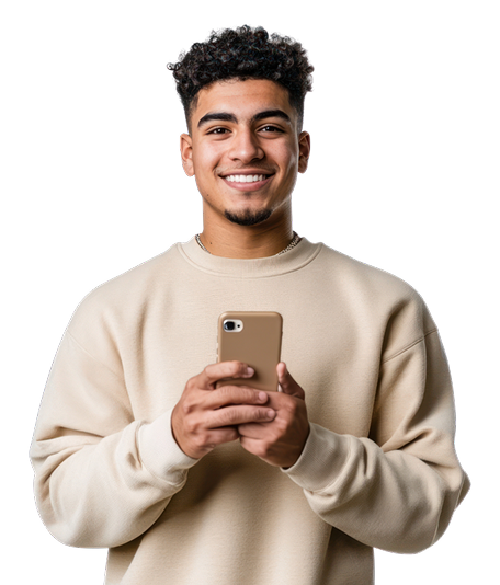 Jonge man met smartphone op groene achtergrond naast de slogan ‘Meer dan een vierkante scherm voor jouw online succes’ van Square+.
